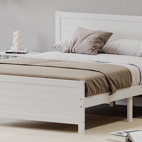 Wood Platform Bed Frame with Headboard, Mattress Foundation with Wood Slat Support, No Box Spring Needed, Queen Size, White