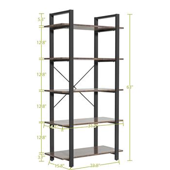 5-Shelf Vintage Industrial Rustic Bookshelf, 5 Tier Wood and Metal Bookcase, Open Etagere Book Shelf, Farmhouse Wooden Bookshelves, Vintage Brown