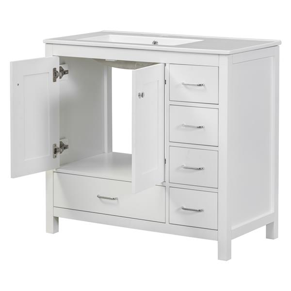 36" White Bathroom Vanity with Ceramic Sink Combo, Abundant Storage Cabinet -2 Soft-close doors and 5 drawers