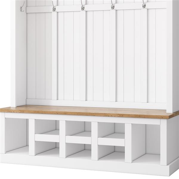 Farmhouse Wooden Style 78''H Modern Hall Tree with Wide Storage Seating Bench, Entryway Shoe Cabinet with 13 Compartments, Elegant Coat Rack with 6 Hooks for Mudroom, Living room, White