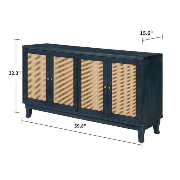 Handcrafted Premium Grain Panels,Rattan Sideboard Buffer Cabinet,Storage Cabinet With 4 Rattan Doors, Modern Storage Cupboard Console Table with Adjustable Shelves for Living Room ,BLUE