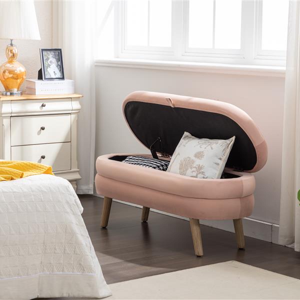 036-Velvet Fabric Storage Bench Bedroom Bench With Wood Legs For Living Room Bedroom Indoor,Light Pink