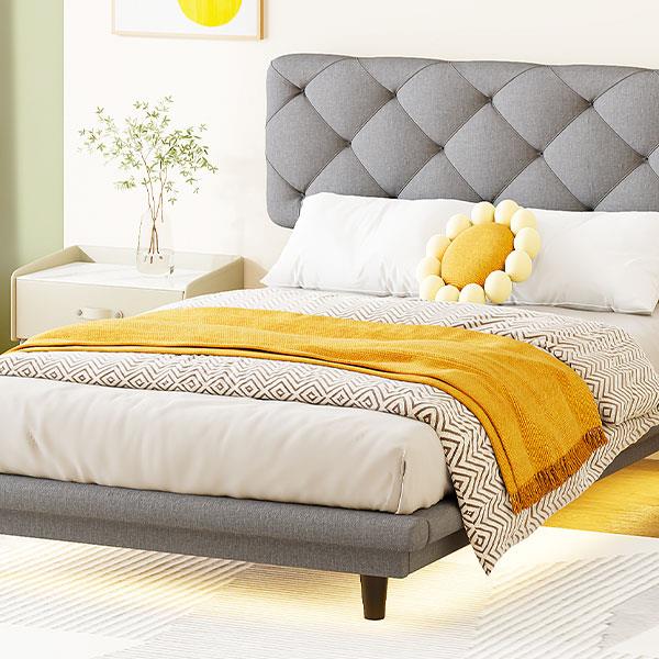 Twin Size Upholstered Bed with Light Stripe, Floating Platform Bed, Linen Fabric,Gray