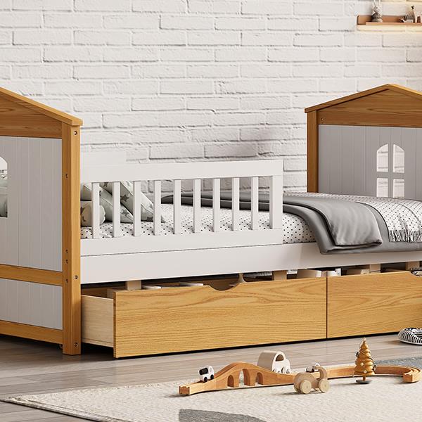 Twin Size House Shape Bed with  Two Drawers Wooden Bed for Girls Boys Teens, No Box Spring Needed, Walnut and White