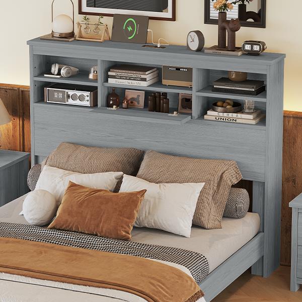 Queen Size Vintage Platform Bed,With Storage Headboard and Charging Station, Light Gray