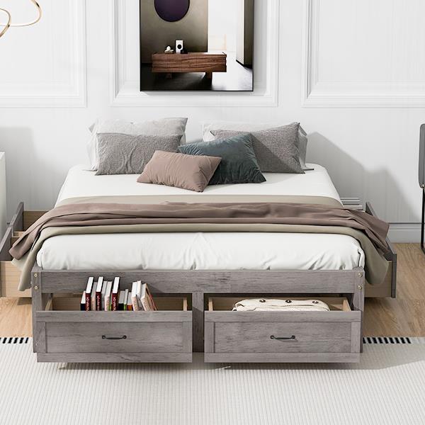 Queen Size Platform Bed with 6 Storage Drawers,Antique Gray