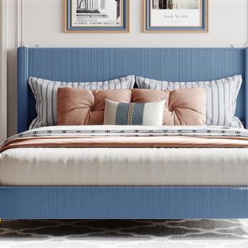 Queen Size Corduroy Platform Bed with Metal Legs, Blue