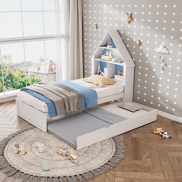 Twin Size House-Shaped Bed with Bookcase Headboard and Led Light and Twin Size Trundle for Kids Boys Girls, Blue+ White