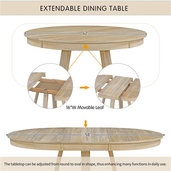 5-Piece Retro Functional Dining Set, Round Table with a 16"W Leaf and 4 Upholstered Chairs for Dining Room and Living Room (Natural)