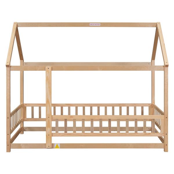 Twin Size Floor Wooden Bed with House Roof Frame, Fence Guardrails,Natural