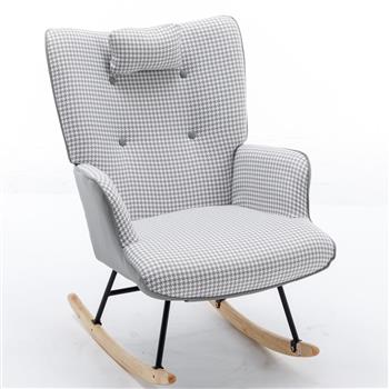 35.5 inch Rocking Chair, Soft Houndstooth Fabric Leather Fabric Rocking Chair for Nursery, Comfy Wingback Glider Rocker with Safe Solid Wood Base for Living Room Bedroom Balcony (light grey)