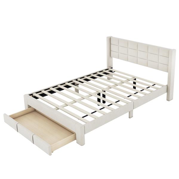 Queen Size Upholstered Platform Bed with A Big Drawer, Beige