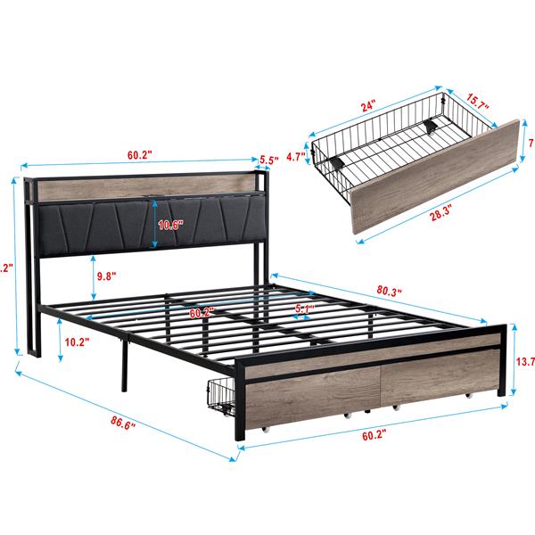 Queen Size  Metal Platform Bed Frame with upholstery storage function Headboard   and USB LINER  and Footboard with drawers , No Box Spring Needed, Large Under Bed Storage, Easy Assemble