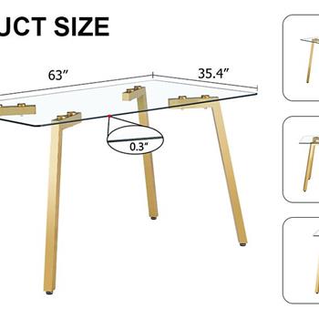 Modern minimalist style rectangular glass dining table with tempered glass tabletop and golden metal legs, suitable for kitchen, dining room, and living room, 63 inches * 35.4 inches * 30 inches