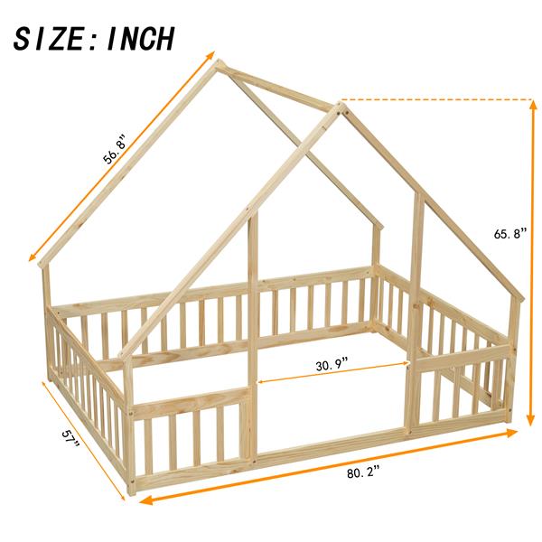 Full Wood House-Shaped Floor Bed with Fence, Guardrails,Natural