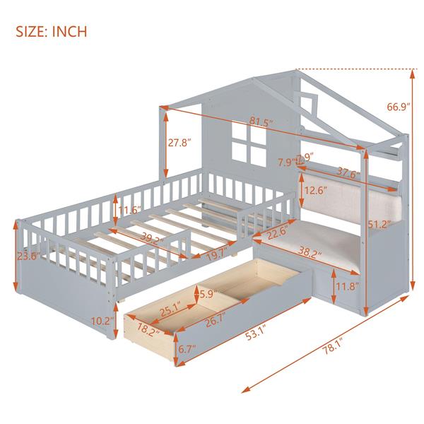 Twin Size House Bed with Sofa, Kids Platform Bed with Two Drawers and Storage Shelf, Gray