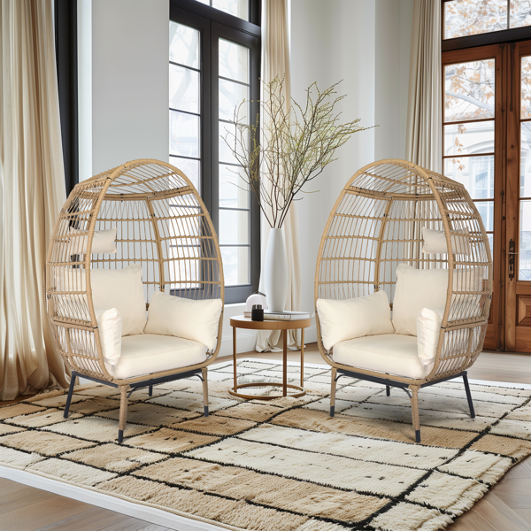 Wicker Egg Chair, Oversized Indoor Outdoor Lounger with Stand and Cushions for Patio Porch Backyard Living Room Balcony, Beige Rattan & Creamy White Cushion