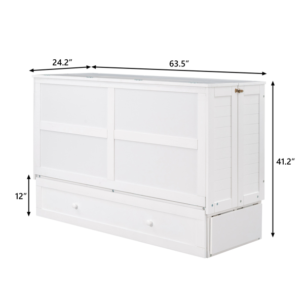 Queen Size Mobile Murphy Bed with Drawer and Little Shelves on Each Side,White 