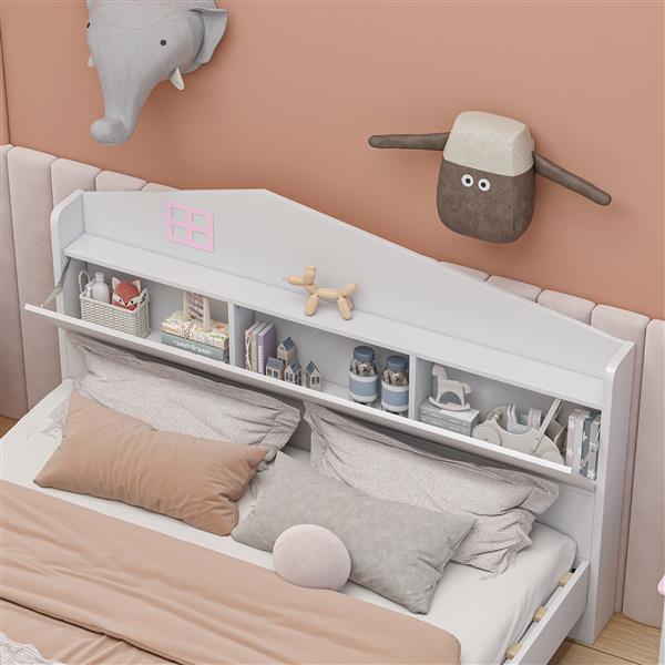 Wooden Full Size House Bed with Storage Headboard ,Kids Bed with Storage Shelf,White