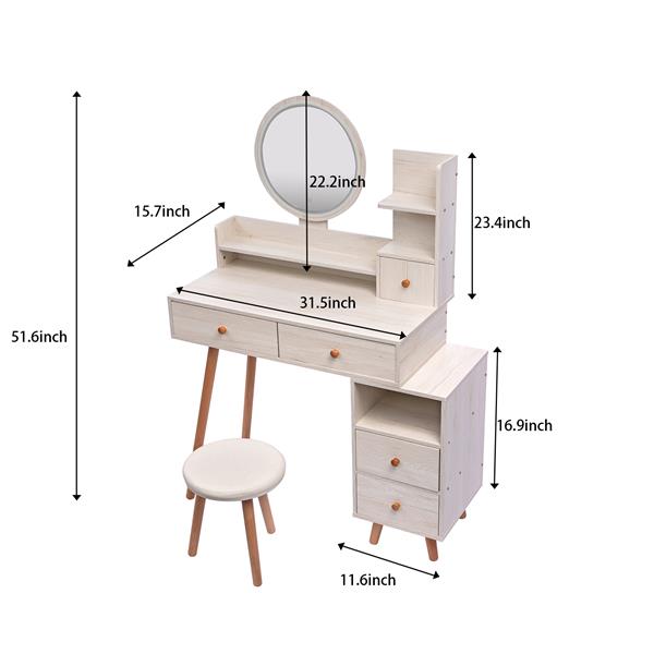 Stylish Vanity Table + Cushioned Stool, Touch Control LED Mirror, Large Capacity Storage Cabinet, 5 Drawers, Fashionable Makeup Furniture, Length Adjustable(L31.5"-43.2"x W15.8" x H48.1")