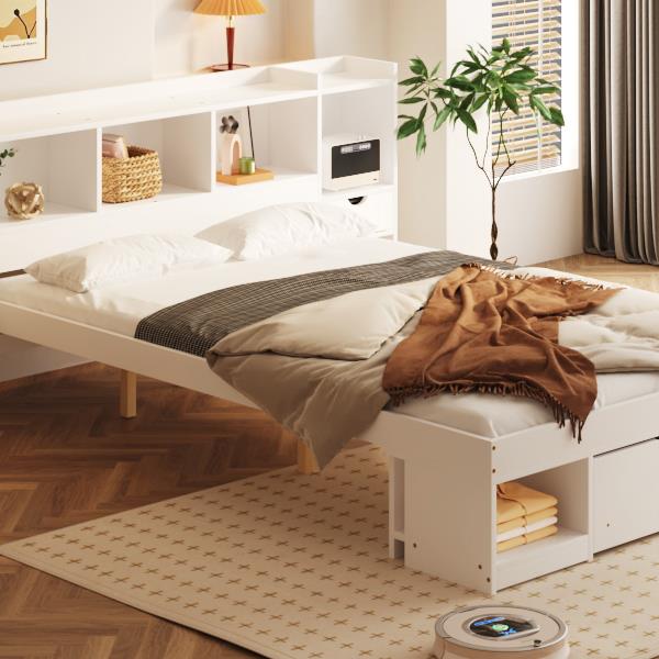 Queen Size Wood Platform Bed with Multi-storage Headboard and a Drawer, White(Expected Arrival Time: 6.16)