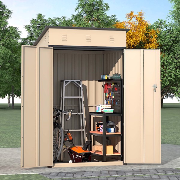 6x4 FT Outdoor Storage Shed, Steel Metal Lockable Garden Shed, Tiny House, Utility Shed, Lean-to Shed & Outdoor Storage, Waterproof Backyard Shed with Door for Bike, Tools, Lawnmower