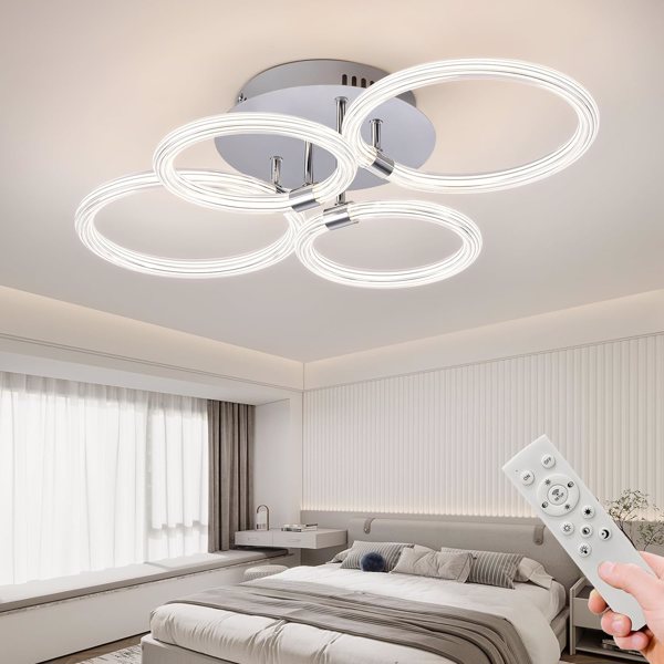 Modern LED Flush Mount Ceiling Light with Dimmable Remote Control, 6Rings Acrylic for Bedroom, Living Room, Kitchen, Office Lamps (4 heads)[Unable to ship on weekends, please note that]