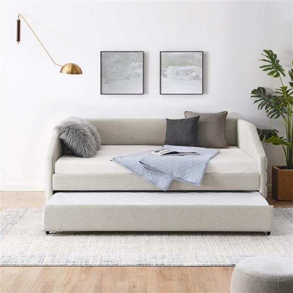 Full Size Daybed with Trundle Upholstered Tufted Sofa Bed, Linen Fabric, Beige (82.5"x58"x34")