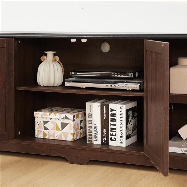 Modern Farmhouse TV Media Stand, Large Barn Inspired Home Entertainment Console, for TV Up to 80'', with Open Shelves and Closed Cabinets, Espresso and Black, 70"W*15.55"D*26.89"H