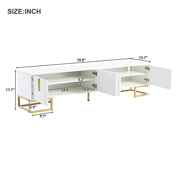 Modern TV Stand with Metal Legs and Gold Handles for TVs Up to 80'', Media Console Table with Cabinets and Adjustable Shelves, Luxury TV Cabinet with Geometric Lines for Living Room, White