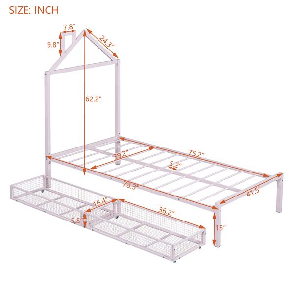 Twin Size Metal Platform Bed with two drawers,House-Shaped Headboard Design, Pink