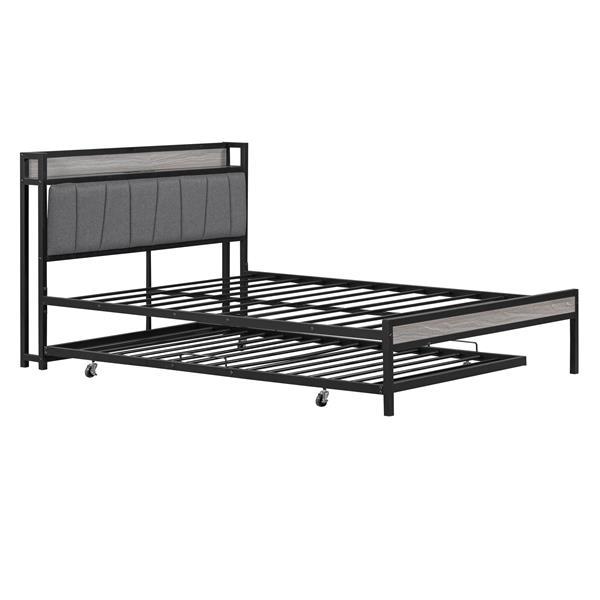 Full Size Metal Platform Bed Frame with Twin size trundle, Upholstered headboard, Sockets, USB Ports and Slat Support, No Box Spring Needed, Black