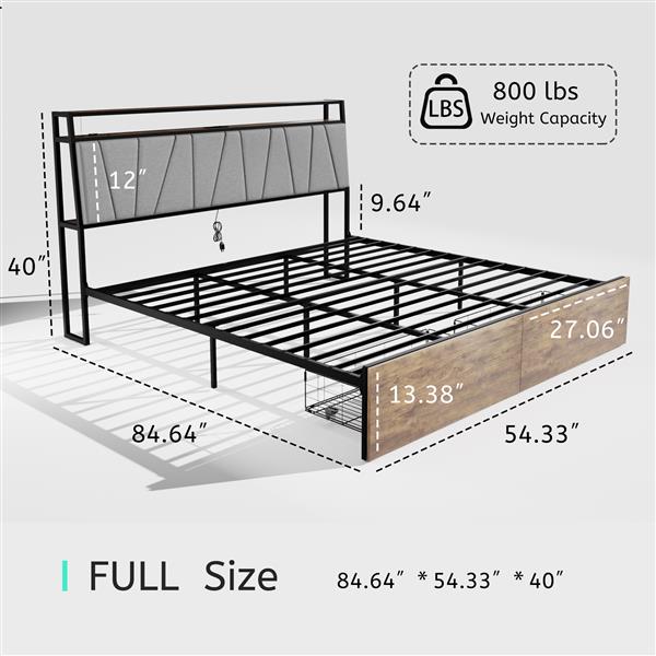 Full Bed Frame with Storage, Ergonomic Headboard,  Bed Frame with 2 Storage Drawers, Built in Charging Station & LED, Outlets & USB, Full Size, Noise Free, No Box Spring Needed, Rustic Brown