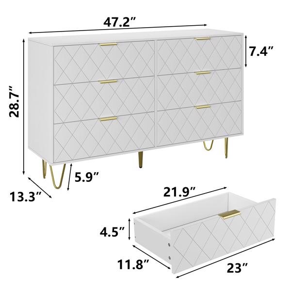 Modern white 6 Drawers for Bedroom,Wooden drawers with Gold Handles, Chest Dresser with Deep Drawers for living room 