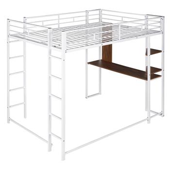 Full Size Metal Loft Bed with 2 Shelves and one Desk ,White