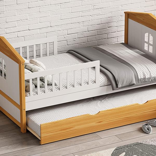 Twin Size House Shape Bed with Trundle Wooden Bed for Girls Boys Teens, No Box Spring Needed, Walnut and White