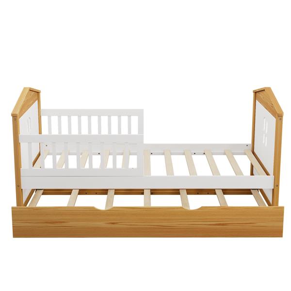 Twin Size House Shape Bed with Trundle Wooden Bed for Girls Boys Teens, No Box Spring Needed, Walnut and White