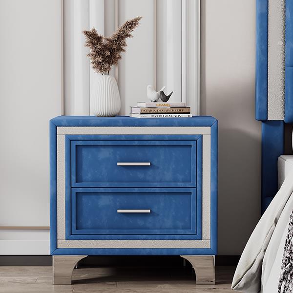 2-Drawer Nightstand with Metal Legs for Bedroom, Mid Century Nightstand Fully Assembled Except Legs and Handles,Velvet Bedside Table-Blue