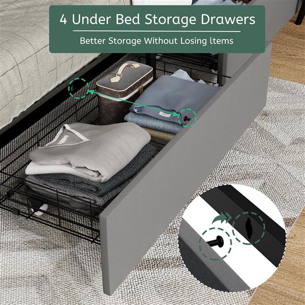 Full Size Bed Frame with 4 Storage Drawers and 2 USB Ports, Upholstered Platform Bed Frame with Storage Headboard Charging Station and metal Slat Support, No Box Spring Needed, Dark Grey.