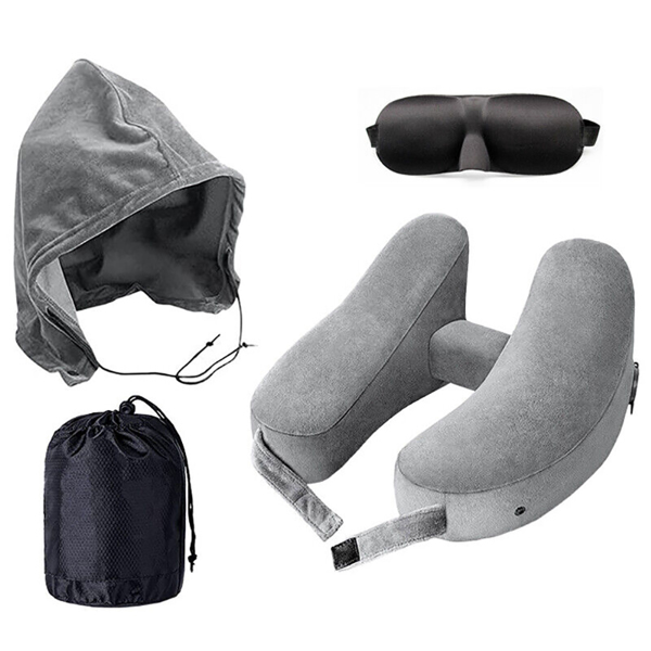 Inflatable Neck Pillow Travel Head Cushion H-Shaped Neck Rest + Hat + Eye Mask A