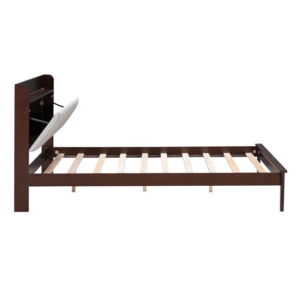 Full size Platform Bed with USB Charging Station and Storage Upholstered Headboard,LED Bed Frame,No Box Spring Needed,Walnut+Beige