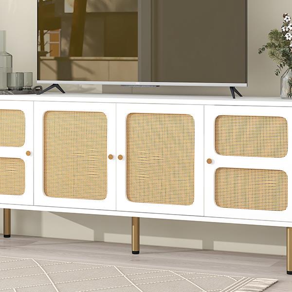 Boho style TV Stand with Rattan Door, Woven Media Console Table for TVs Up to 70'', Country Style Design Side Board with Gold Metal Base for Living Room, White.