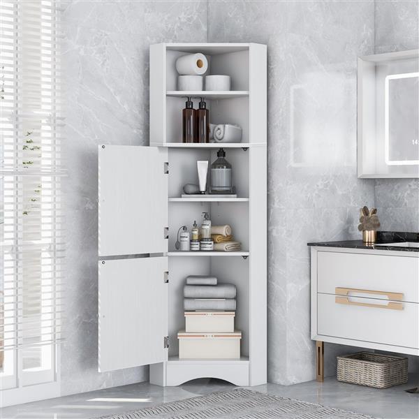 Tall Bathroom Corner Cabinet, Freestanding Storage Cabinet with Doors and Adjustable Shelves, MDF Board, White