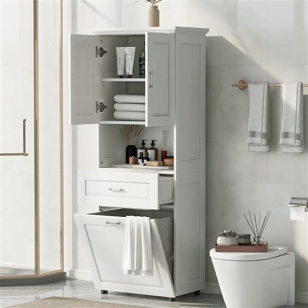 Tall Bathroom Cabinet with Laundry Basket, Large Storage Space Tilt-Out Laundry Hamper and Upper Storage Cabinet, White