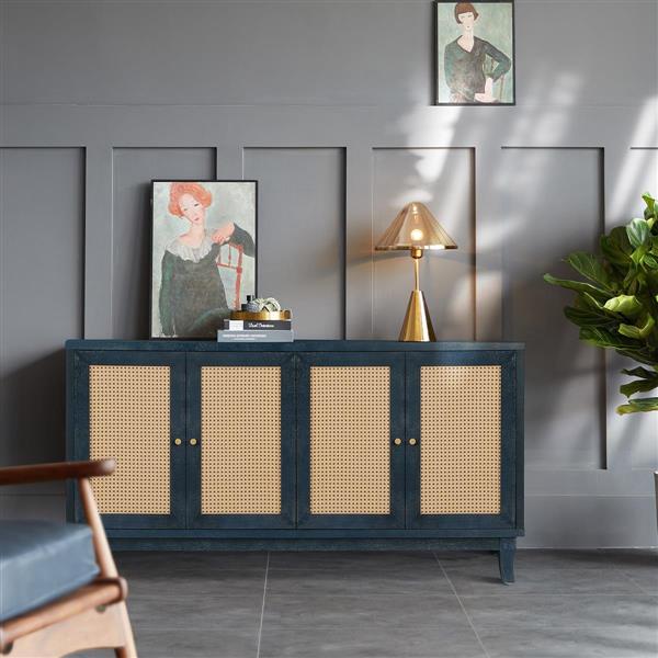 Handcrafted Premium Grain Panels,Rattan Sideboard Buffer Cabinet,Storage Cabinet With 4 Rattan Doors, Modern Storage Cupboard Console Table with Adjustable Shelves for Living Room ,BLUE