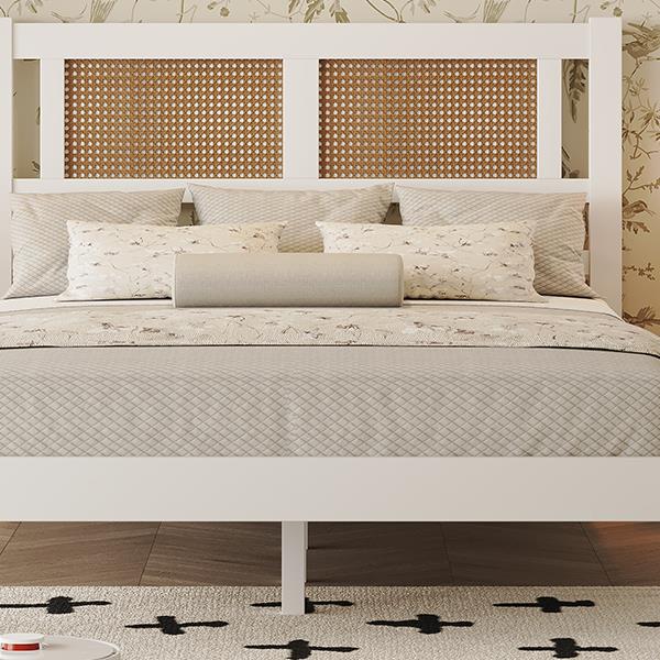 Full Size Wooden Platform Bed with Natural Rattan Headboard, Exquisite Elegance with Minimalist Charm for Bedroom, White