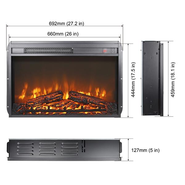 26 inch electric fireplace insert, ultra thin heater with log set & realistic flame, remote control with timer, overheating protection