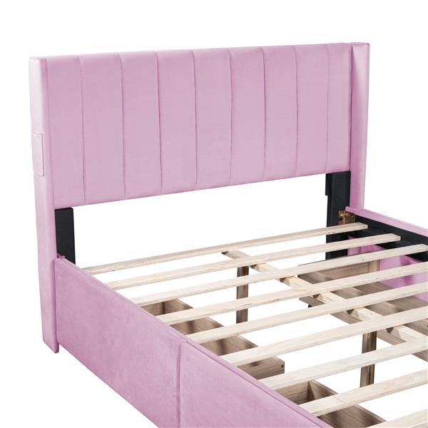 Full Size Upholstered Bed with 4 Drawers, Pink