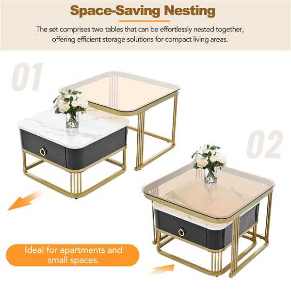 Nesting Coffee Table with Drawer, Set of 2, Exquisite Square Stacking Coffee Tables with Brown Tempered Glass, Side Table with High Gloss Marble Grain Tabletop for Living Room, Black