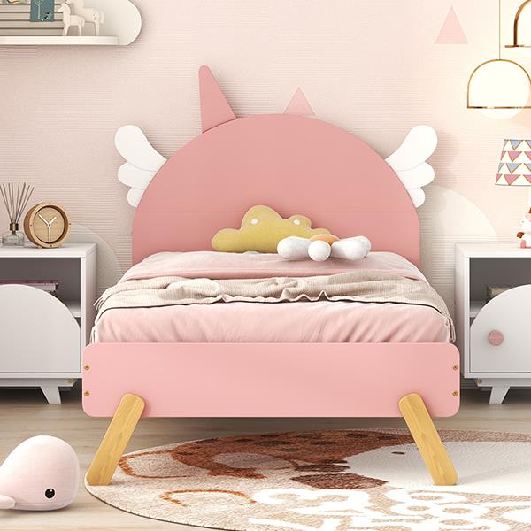 Wooden Cute Bed With Unicorn Shape Headboard,Twin Size Platform Bed,Pink